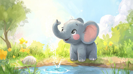 Adorable baby elephant spraying water near a pond, sunny day, big floppy ears, cheerful cartoon style for a kids’ picture book