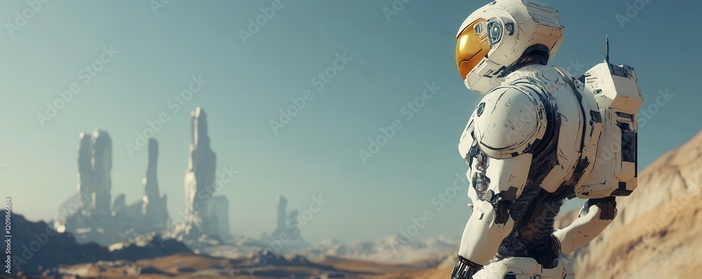 Poster a robot exploring a desolate alien world.