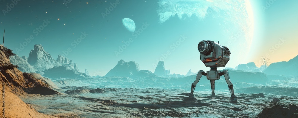 Poster a robot exploring a desolate alien world.