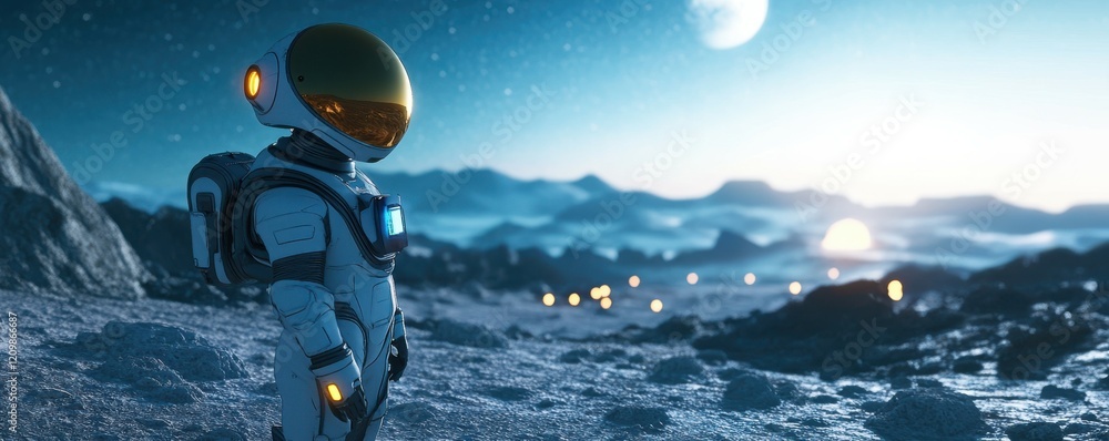 Poster a robot exploring a desolate alien world.