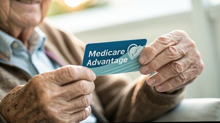 Medicare advantage. Elderly person holding a Medicare Advantage card, showcasing healthcare coverage.