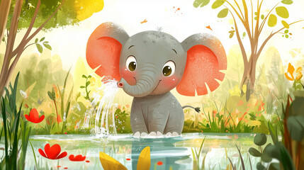 Adorable baby elephant spraying water near a pond, sunny day, big floppy ears, cheerful cartoon style for a kids’ picture book