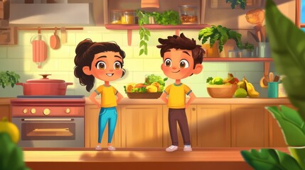 Cheerful Children in a Bright Kitchen Surrounded by Fresh Produce