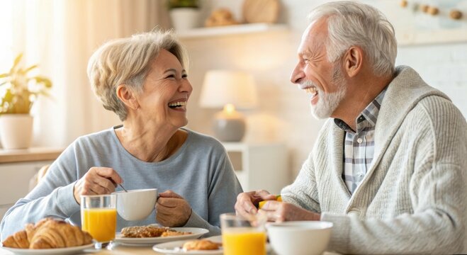 Medicare advantage. Seniors enjoying a joyful breakfast together with smiles and warm drinks.