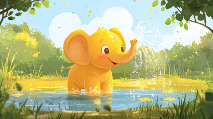 Adorable baby elephant spraying water near a pond, sunny day, big floppy ears, cheerful cartoon style for a kids’ picture book