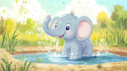 Adorable baby elephant spraying water near a pond, sunny day, big floppy ears, cheerful cartoon style for a kids’ picture book