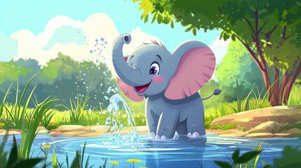Adorable baby elephant spraying water near a pond, sunny day, big floppy ears, cheerful cartoon style for a kids’ picture book