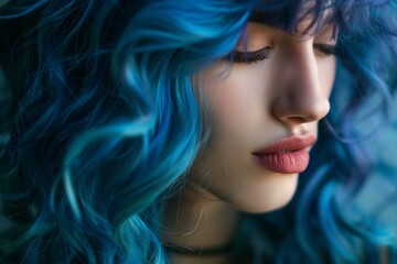 Fototapeta premium Portrait of a young woman with blue hair and pink lipstick