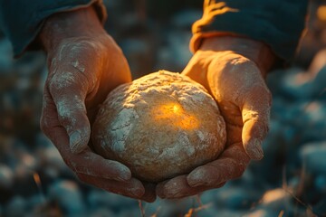 Obraz premium Hardworking hands gently hold a freshly baked loaf of bread, illuminated by the golden sunlight.