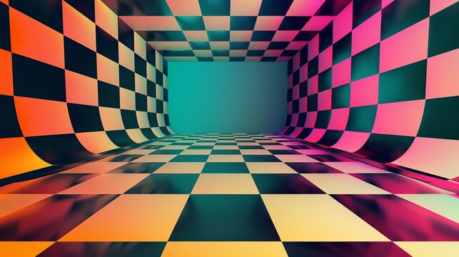 Checkerboard pattern room with a glowing teal wall in the back.