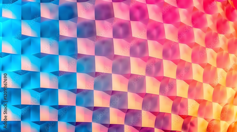 Poster a colorful checkerboard pattern of squares with 3d effects.