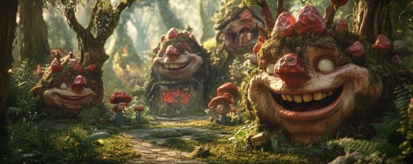 Naklejka premium A fantastical forest filled with talking trees and mischievous fairies, their laughter echoing through the air.