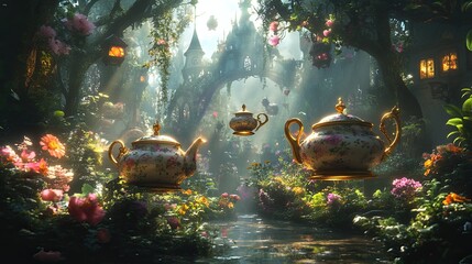 Alice in Wonderland Inspired Scene with Teapots Floating in the Air Amidst Magical Imagery