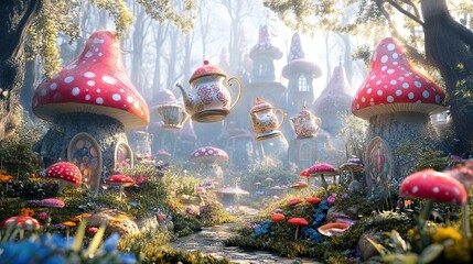 Alice in Wonderland Inspired Scene with Teapots Floating in the Air Amidst Magical Imagery