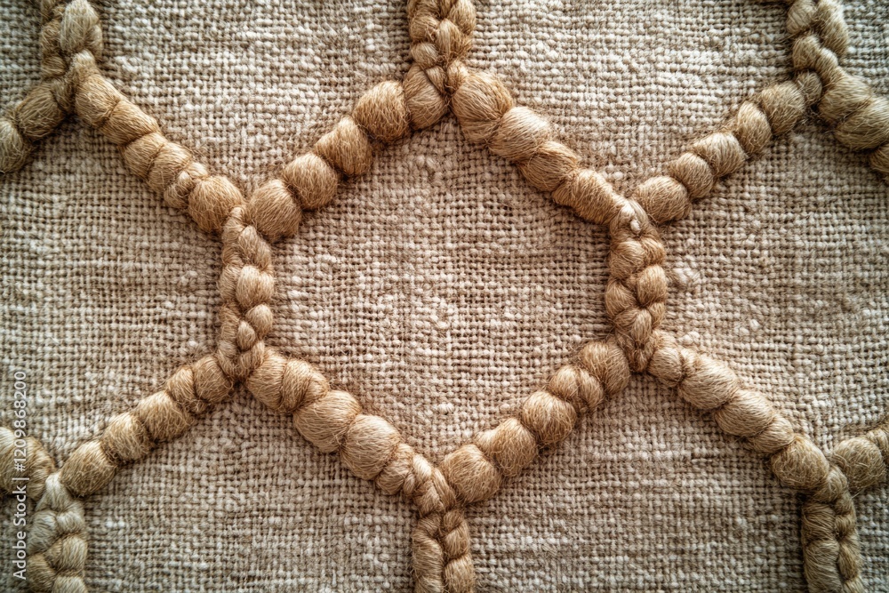 Poster beige linen fabric with a textured pattern of knotted beige threads forming a geometric design.