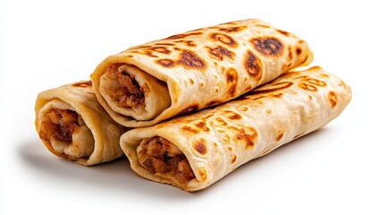 Three deliciously rolled flatbreads filled with savory ingredients on a clean surface