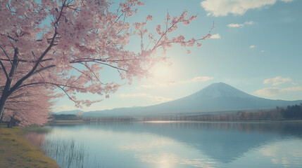 the pink Japanese Sakura blooming, behind is the blight clear Fuji and lake, in sunny day, in Japan
