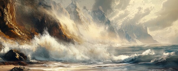 Naklejka premium A rugged coastline with crashing waves, the spray of the sea creating a mist that hangs in the air.