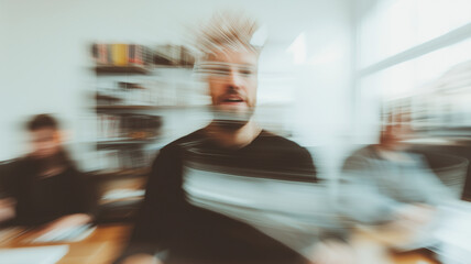 creative workplace scene featuring man with blurred motion effect, suggesting dynamic and energetic environment. background shows shelves filled with books, enhancing creative atmosphere