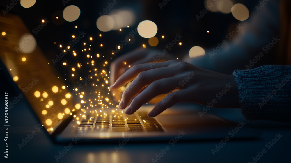 Aufkleber person typing on laptop with glowing particles emanating from keyboard, creating magical atmosphere.