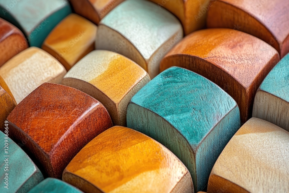 Poster close-up of colorful, polished wooden blocks arranged in a wave pattern.