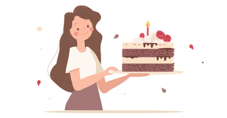 Woman Holding a Birthday Cake with Candle - Flat Vector Illustration,Cartoon style ,girl with birthday cake  isolated  on white background ,Birthday party concept,greeting card