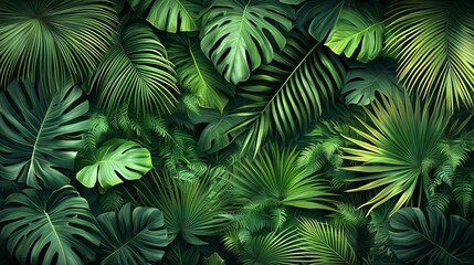 Lush Tropical Foliage Dense Green Jungle Leaves Pattern Nature Background Natural Texture