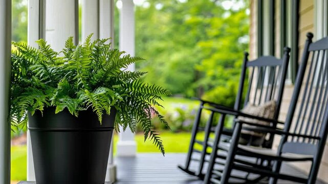 Enjoy a peaceful moment on the porch with rocking chairs and vibrant ferns under soft sunlight, perfect for unwinding