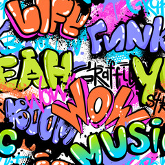Abstract seamless chaotic pattern with graffiti words. Bright neon Grunge texture background. Wallpaper for boys and girls.  Fashion urban  style