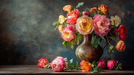 Obraz premium Vibrant Floral Arrangement in Rustic Vase with Colorful Flowers