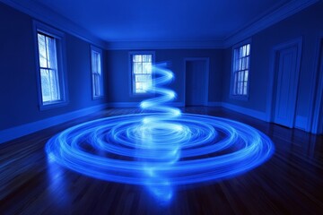 Fototapeta premium Spiral of blue light swirling in an empty room with wooden floors during twilight