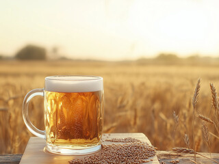 Glass of beer on the wheat field background. Background of ripening ears of wheat field with glass of beer with copy space