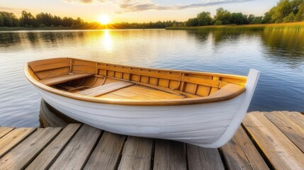 Obraz premium Serene Sunset: Rowboat at Lakeside Dock