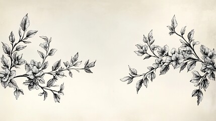 Floral sketch branches on light background with flowers and leaves in black and white