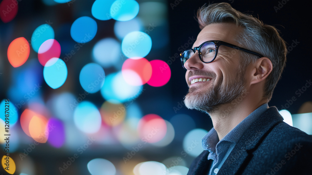 Aufkleber smiling man with glasses gazes upward against backdrop of colorful bokeh lights, creating vibrant an