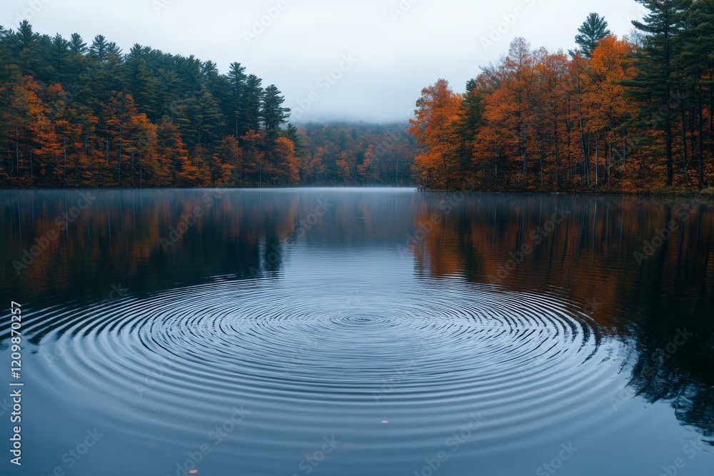 Poster Calm water ripples create patterns in a serene autumn lake surrounded by colorful foliage