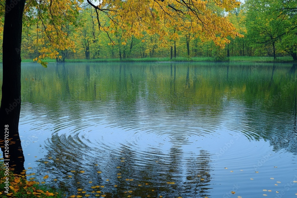 Poster calm lake surrounded by autumn trees reflecting on water surface in a serene nature setting