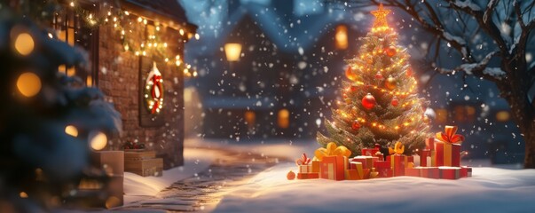 A festive Christmas scene with a decorated tree, presents under the tree, and snow falling outside.