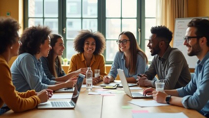 Collaborative team meeting in a bright office setting with diverse professionals engaged in discussion