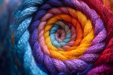 Colorful spiral of yarn showcasing vibrant hues from various shades of blue to red and yellow
