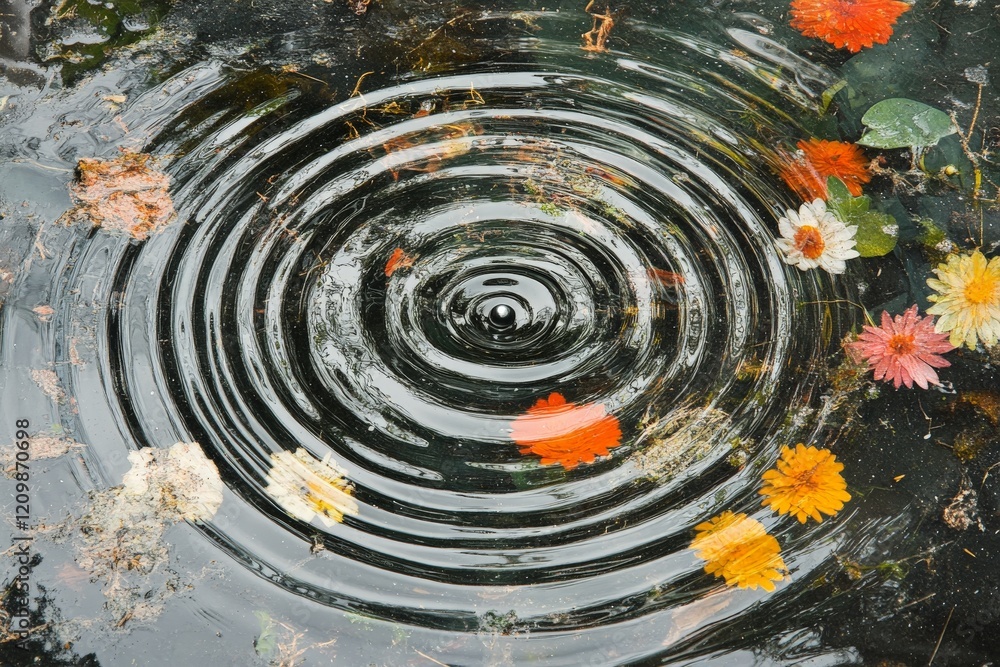 Poster ripples caused by a drop in a pond surrounded by floating flowers in a serene environment