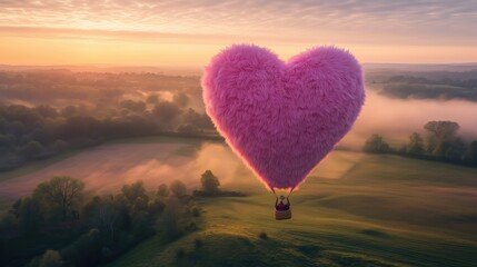 Fototapeta premium Pink furry heart-shaped hot air balloons float over a misty landscape countryside at sunrise light