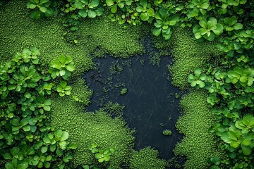 Green vegetation surrounds a small dark water area in a tranquil natural setting during daylight hours