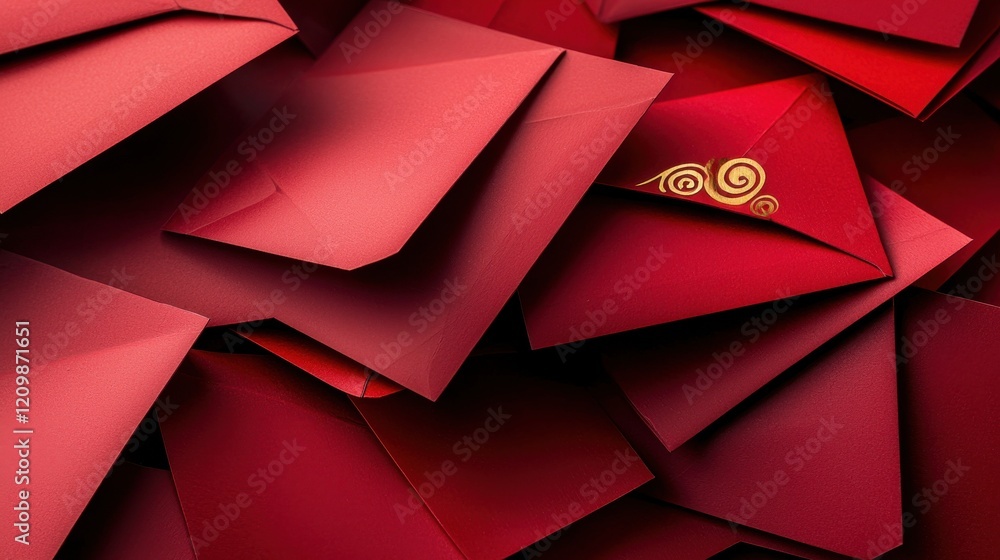 Poster vibrant abstract red geometric shapes and patterns overlapping in 3d composition