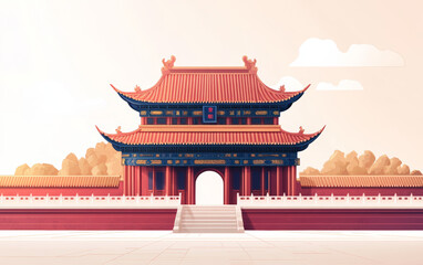 Fototapeta premium Chinese traditional ancient architecture art illustration