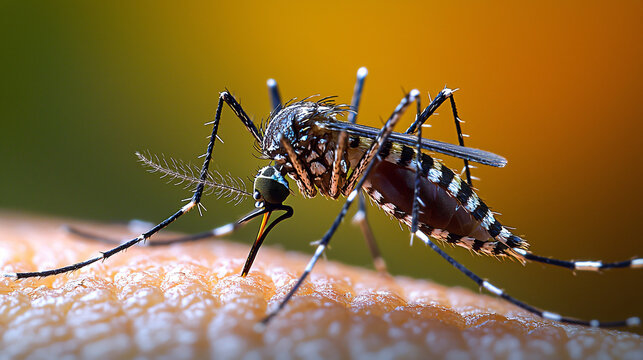 A close-up of an Aedes mosquito perched on human skin, with its proboscis clearly visible as it feeds.