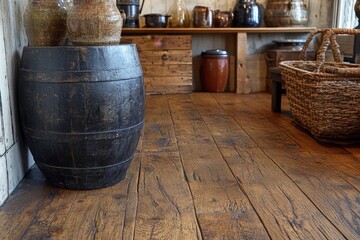 Naklejka premium Rustic wooden flooring with vintage storage containers and woven baskets indoors in a cozy, atmospheric setting