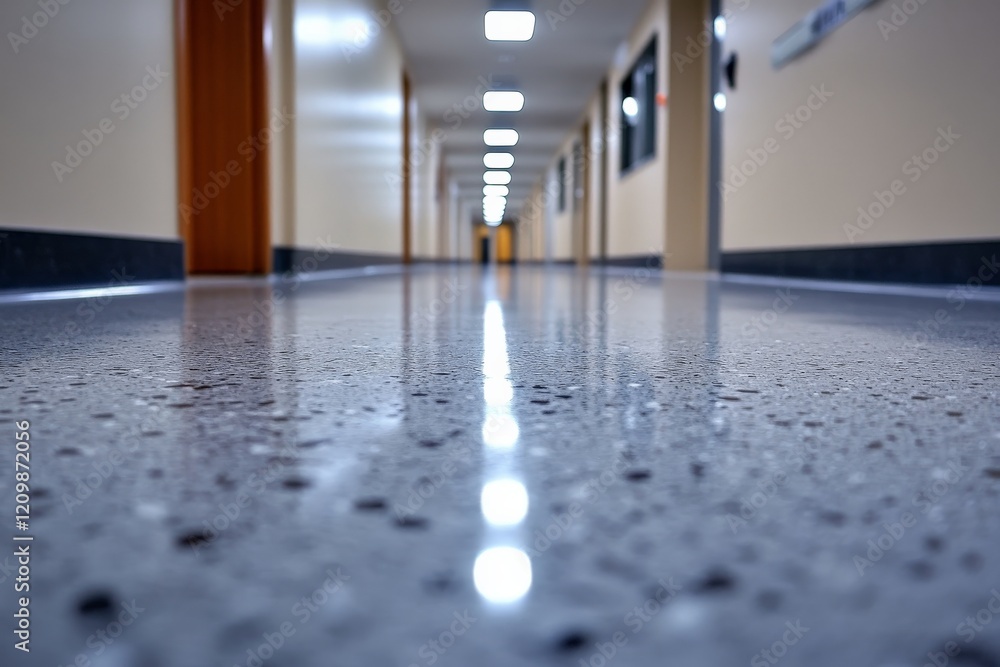 Aufkleber long, empty corridor with polished floor reflecting overhead lights in a modern building