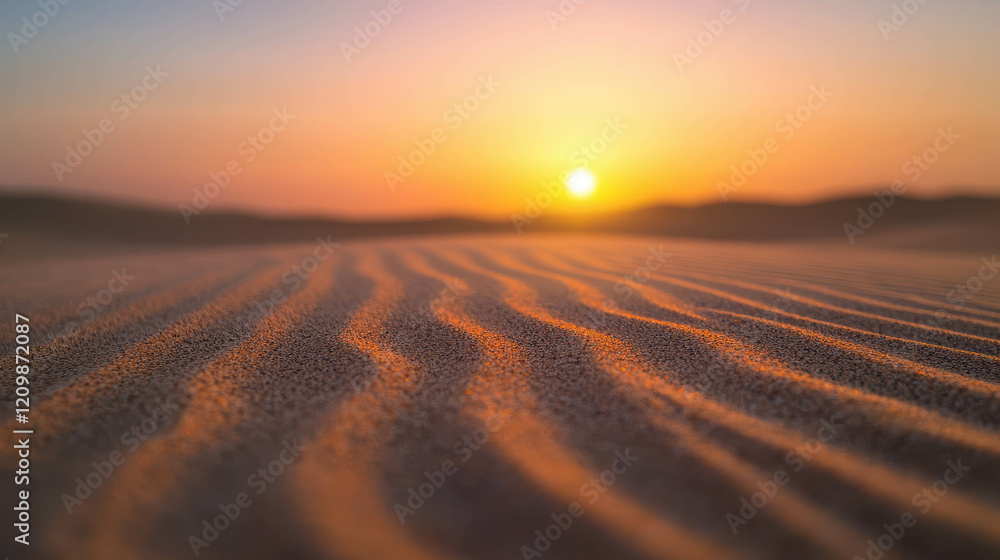 Poster macro view of sand dune patterns with fine grain texture at sunset with soft light effects