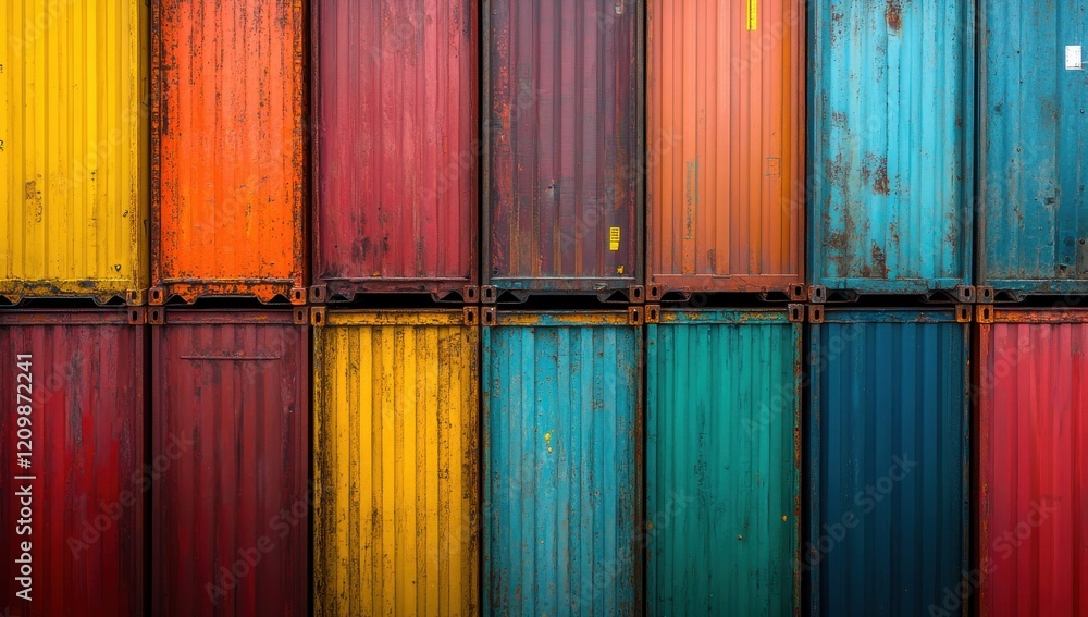 Poster a vibrant collection of colorful shipping containers stacked together, showcasing an array of rust a
